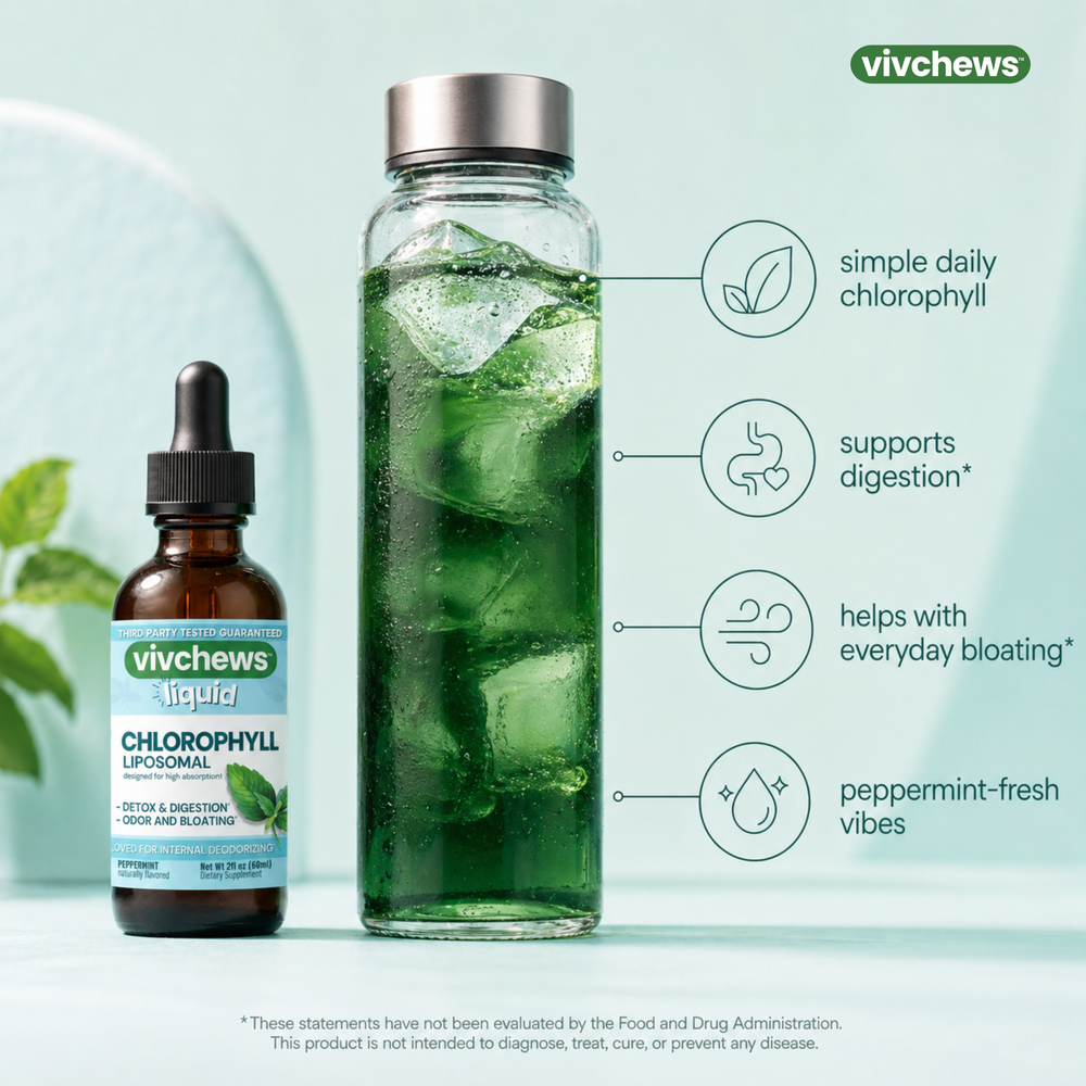 Vivchews liquid chlorophyll liposomal bottle and packaging on a white background
