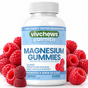 A bottle of vivchews calmitis Magnesium Gummies, Raspberry flavor, surrounded by fresh red raspberries on a white background.