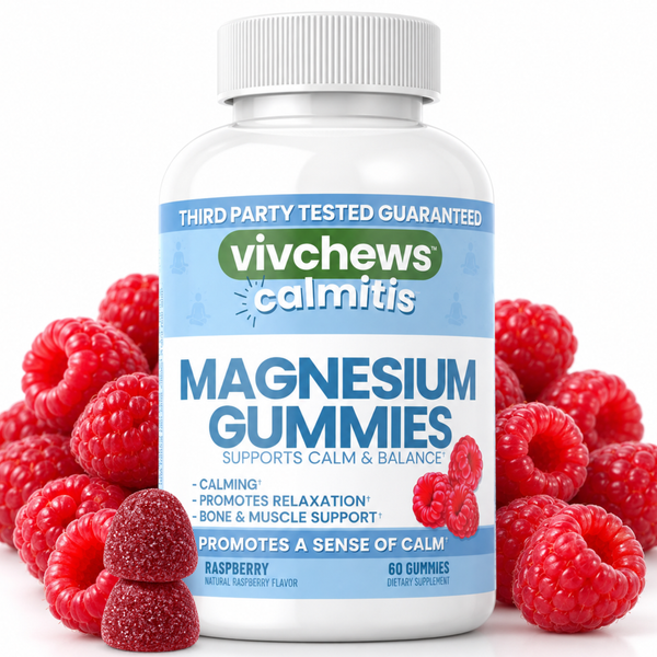 A bottle of vivchews calmitis Magnesium Gummies, Raspberry flavor, surrounded by fresh red raspberries on a white background.