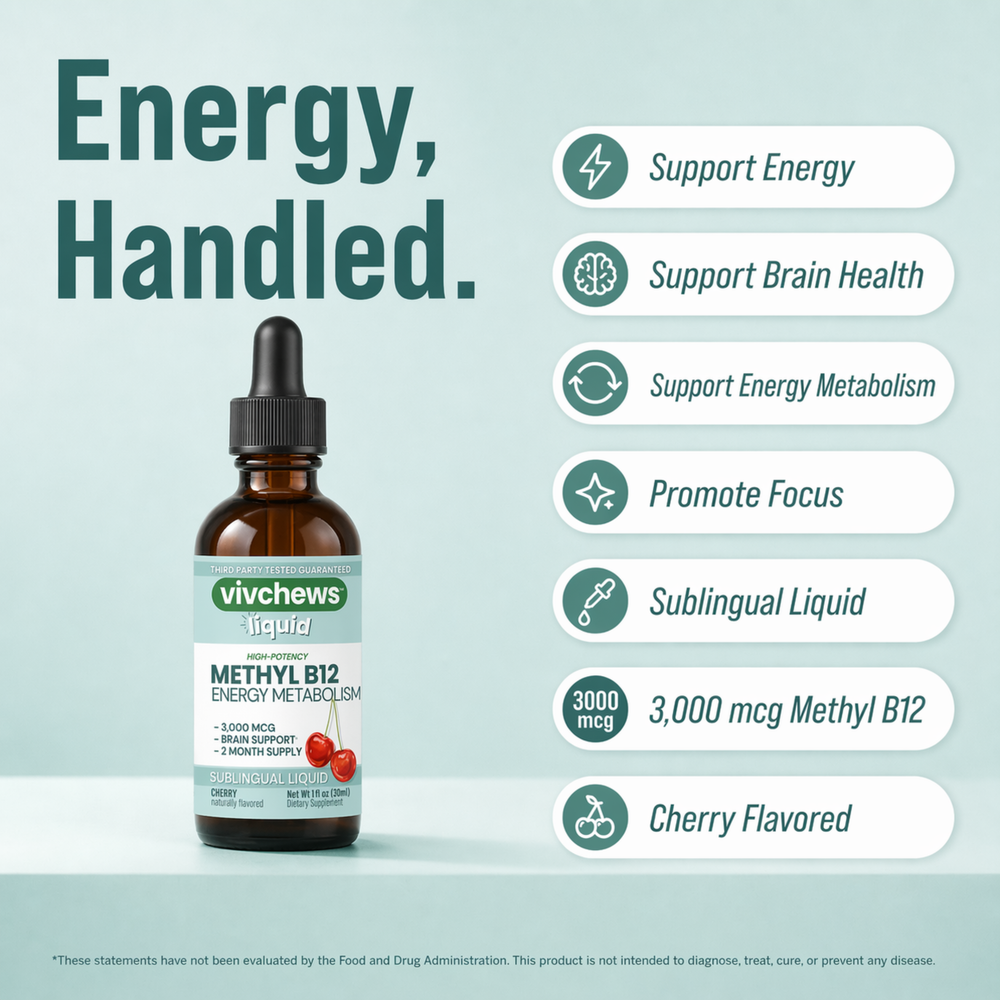 Vivchews Methyl B12 liquid supplement bottle with cherry flavor on a white background