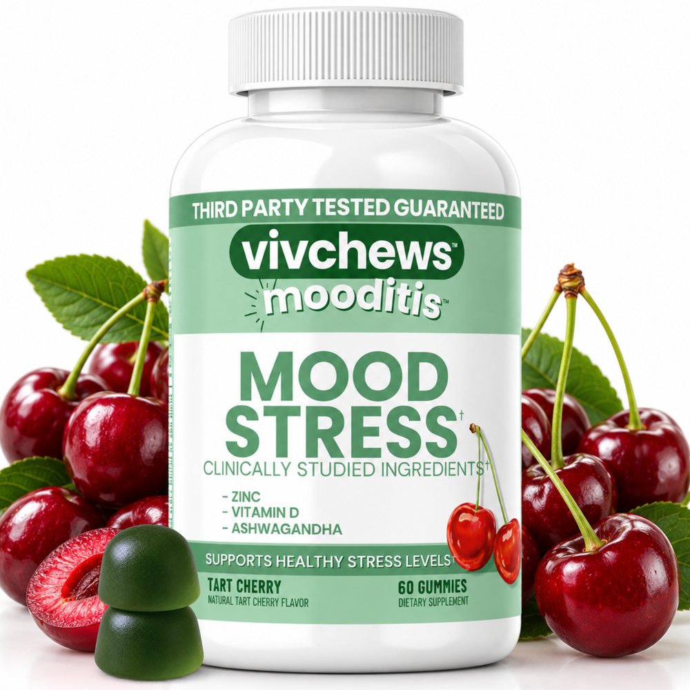 A bottle of vivchews mooditis Mood Stress gummies, surrounded by fresh red cherries and green cherries on a white background.