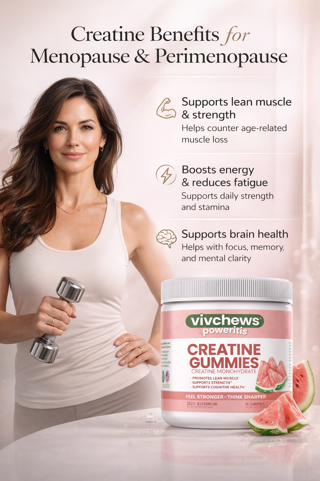 Woman holding a dumbbell next to Vivchews Creatine Gummies container with text about benefits for menopause and perimenopause.