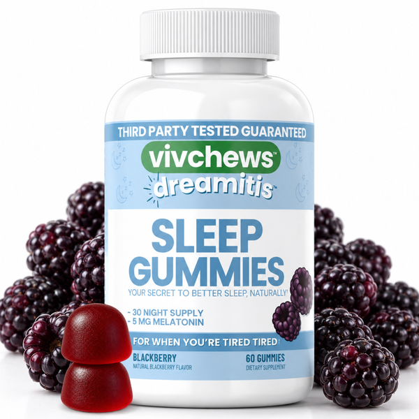 A bottle of vivchews dreamitis Sleep Gummies with blackberry flavor, surrounded by fresh blackberries and two red gummy candies on a white background.