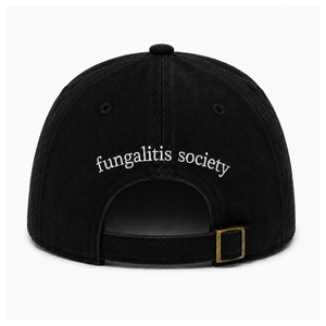 Black baseball cap shown from the back, featuring the words 'fungalitis society' embroidered in white script across the center. The cap has a black adjustable strap with a brass tone metal buckle, set against a plain white background.