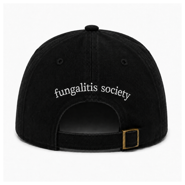 Black baseball cap shown from the back, featuring the words 'fungalitis society' embroidered in white script across the center. The cap has a black adjustable strap with a brass tone metal buckle, set against a plain white background.