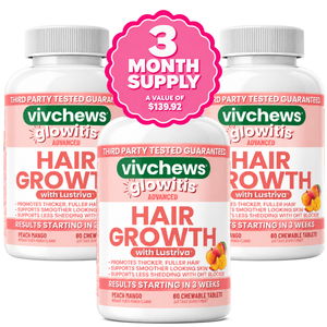 Three bottles of vivchews glowitis Advanced Hair Growth with Lustriva Peach Mango flavor, arranged in a clean studio shot with the center bottle in front and the other two behind it.