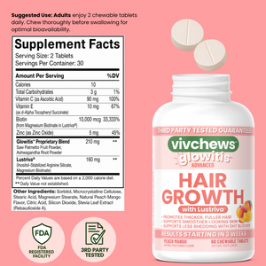 vivchews Glowitis Advanced Hair Growth supplement bottle with a white cap, shown alongside a supplement facts panel and a single white tablet on a pink background.