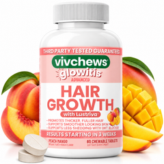 A bottle of vivchews glowitis Advanced Hair Growth chewable tablets, peach mango flavor, shown with two tablets in front and fresh peach and mango fruits on both sides against a white background.