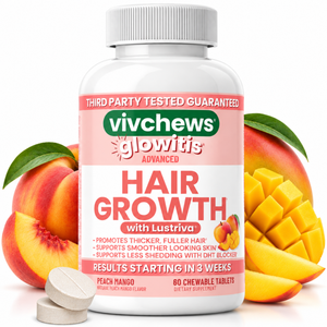 A bottle of vivchews glowitis Advanced Hair Growth chewable tablets, peach mango flavor, shown with two tablets in front and fresh peach and mango fruits on both sides against a white background.